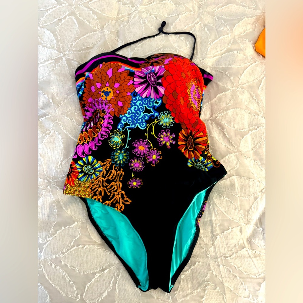 Trina Turk Electric Reef Bandeau Strappy Back One Piece Maillot Swimsuit size 12